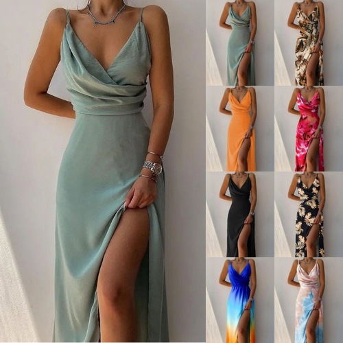 European and American women's fashion 2025 summer Amazon AliExpress independent website spaghetti strap V-neck split printed dress