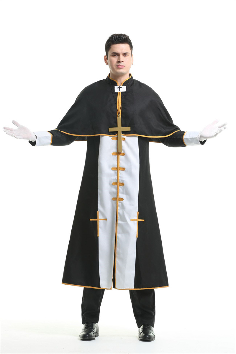 万圣节神父牧师服装成人男款教父长袍舞台扮演服化装舞会演出服饰-阿里巴巴