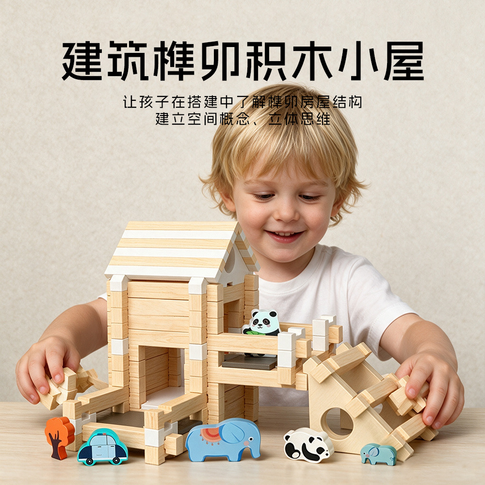 Juguete de construcción de madera para niños, casa de bloques de madera para armar, juguete de arquitecto Luban, modelo de madera educativo para la educación temprana y la construcción práctica.