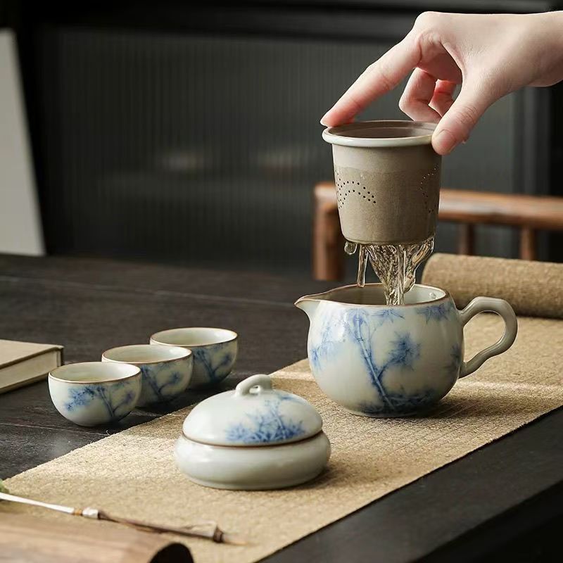 汝窑青花节节高升瓷旅行茶具套装便携式快客杯户外露营泡茶壶|undefined