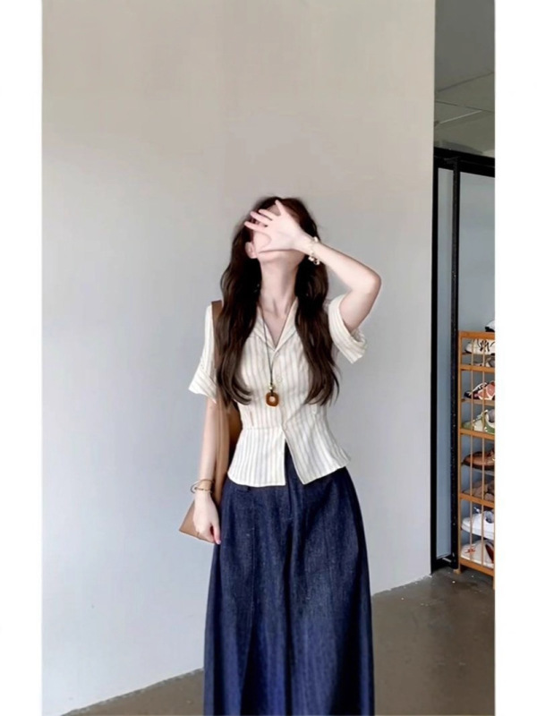 高级感v领条纹短袖衬衫女夏设计感小众短款衬衣法式修身收腰上衣|undefined