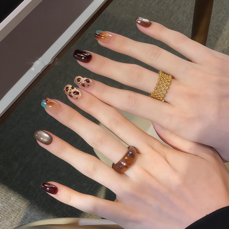 Nude Deep Burgundy Gradient Leopard Print Handmade Wearable Nails Autumn and Winter Square Glossy Gradient High-End Wearable Nail Stickers Nude Deep Burgundy Gradient Leopard Print Handmade Wearable Nails Autumn and Winter Square Glossy Gradient High-End Wearable Nail Stickers
