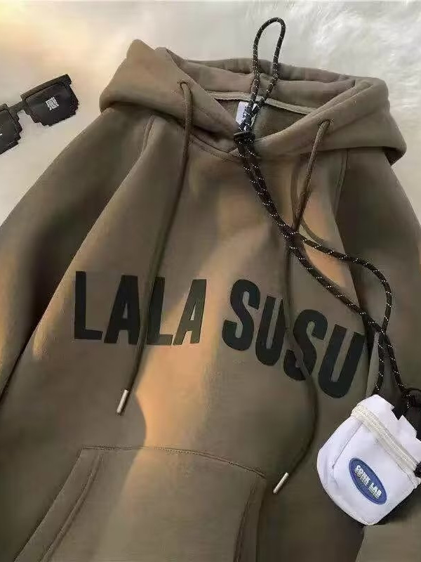 Letra japonesa impresión fleece-forrado con capucha suéter de los hombres de la marca de moda suelta estilo perezoso todo partido pareja abrigo