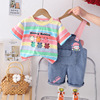 Children's overall, summer set, rainbow comfortable denim trousers, with short sleeve, 2024 years