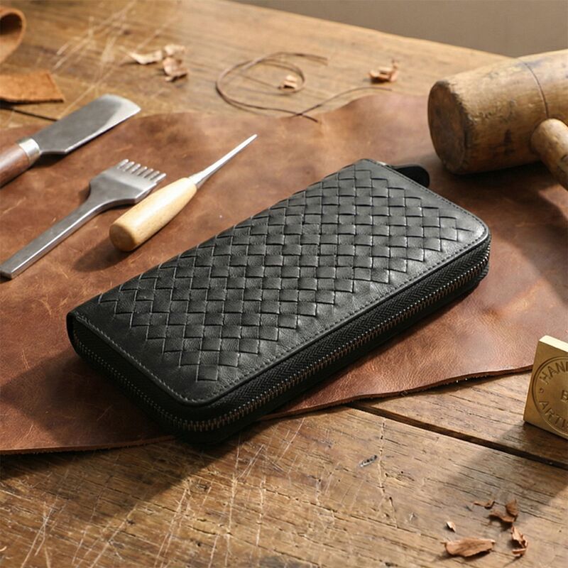 Men's First-Layer Cowhide Woven Long Wallet Large-Capacity Handbag Genuine Leather Long Wallet Zipper Mobile Phone Bag Wallet
