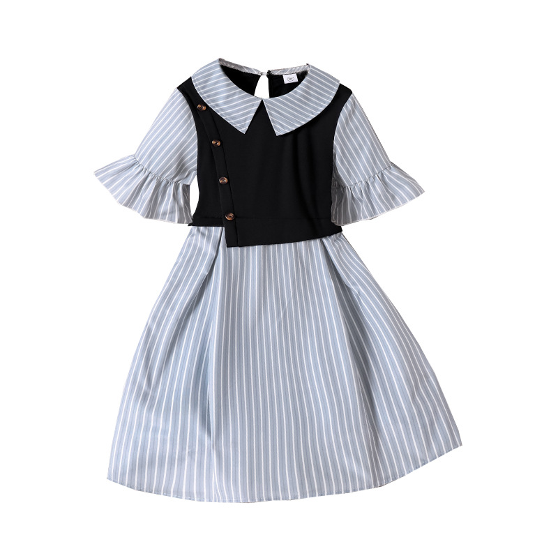 Ventas calientes de ropa infantil transfronteriza media manga azul vestido a rayas 2026 ropa de niñas de verano cintura escolar vestido de camisa image 5