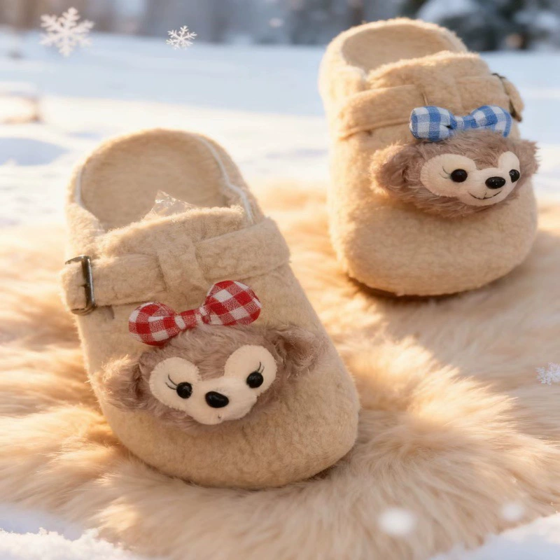 Мультяшные хлопковые тапочки для женщин, короткие плюшевые тапочки-биркенштоки, зимние теплые домашние тапочки для спальни