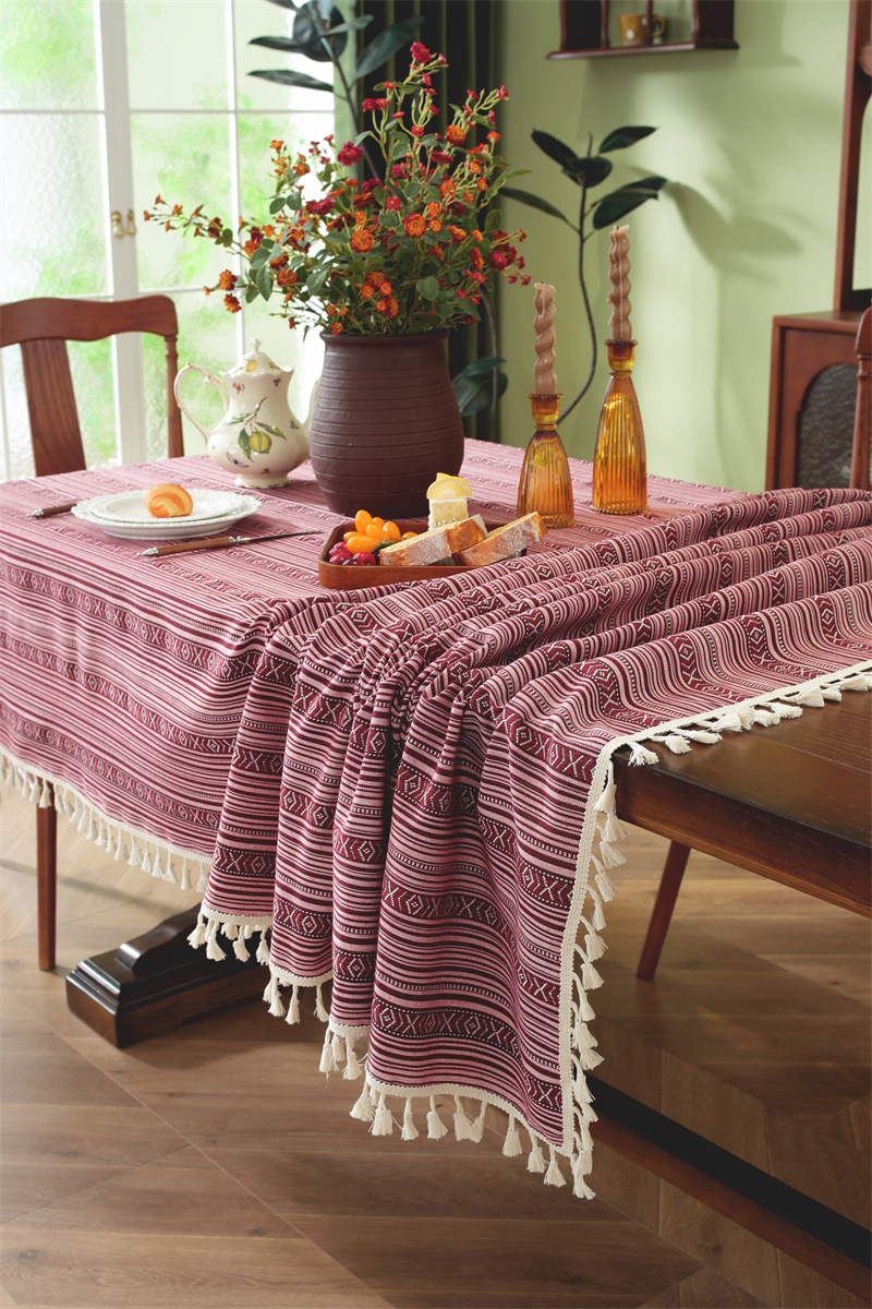 Nappe En Jacquard Style Ethnique Américain Avec Franges Et Dentelle_voghion.com