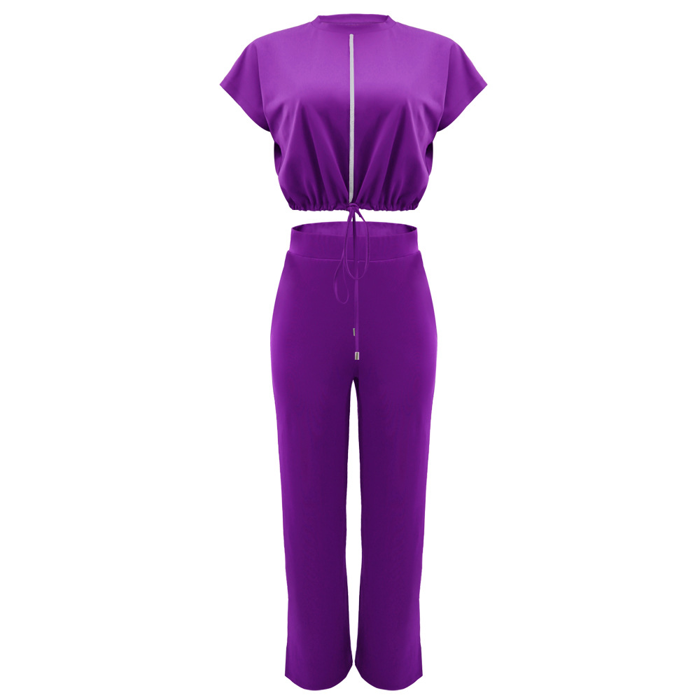 Summer Drawstring Short Top High Waist Slit Women Trousers Two Piece Suit