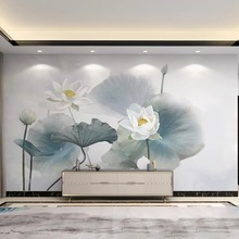 3d中式禅意荷花莲花养生馆墙纸古风淡雅客厅茶室直播间背景墙壁纸