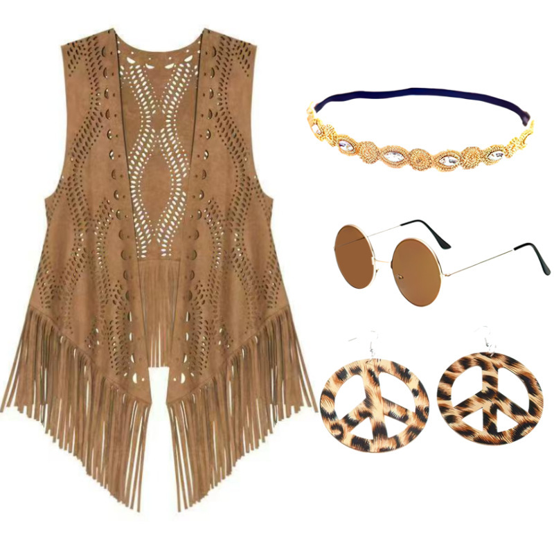 Western Ethnic Wearing Suede Vest Women's Hollow Tassel Cardigan Jacket Cross-border European and American Top Vest