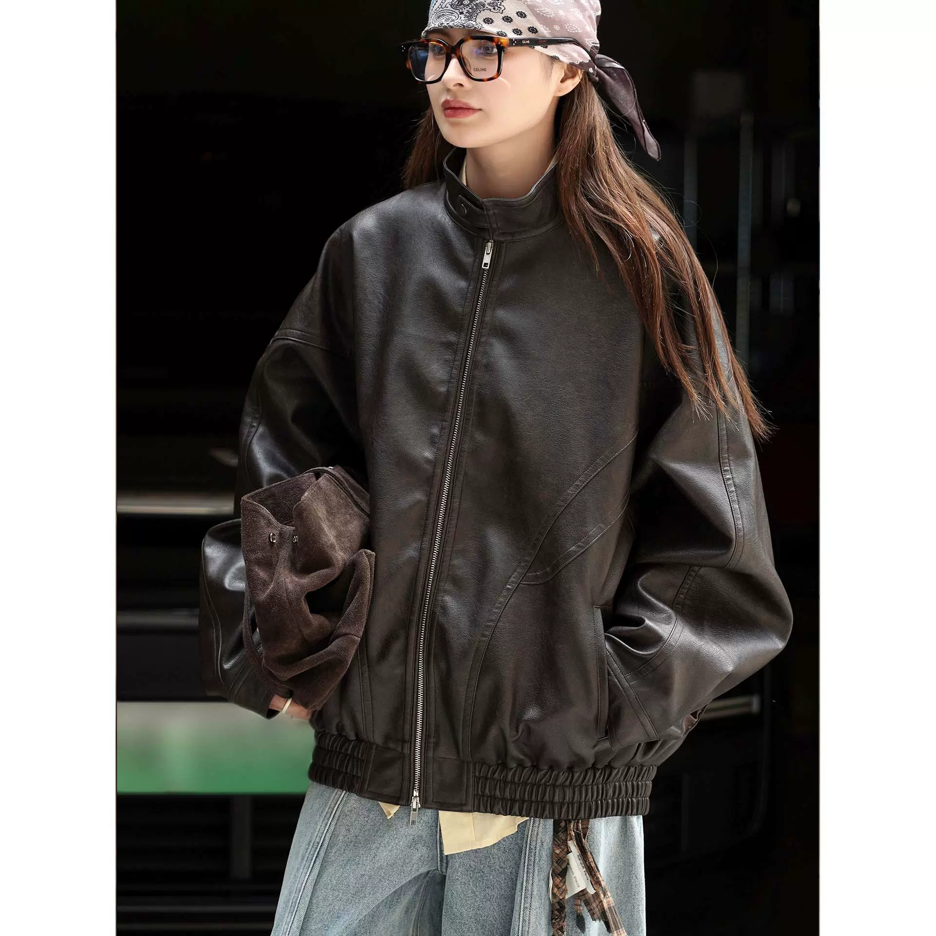 卢浮秋季新款美式复古潮酷风对称分割线PU皮夹克阔版时髦外套女