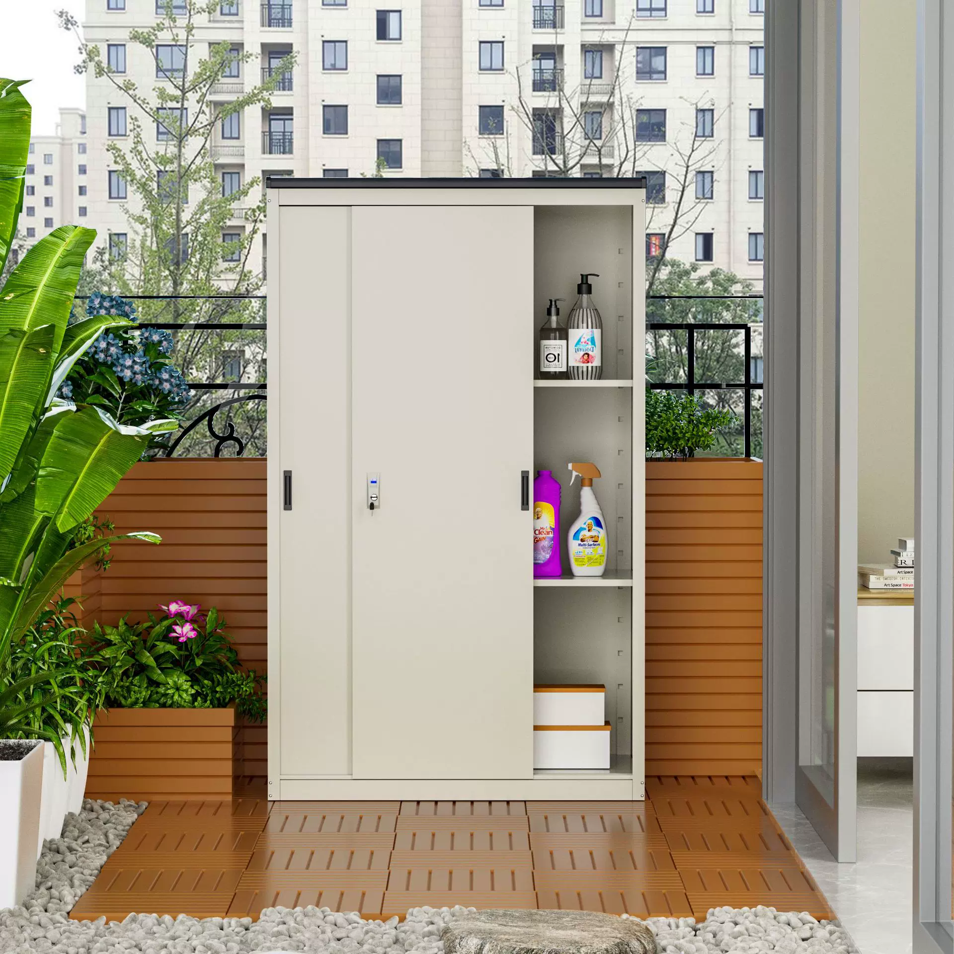 户外阳台柜子室外多功能清洁收纳柜防水防晒储物柜推拉门衣柜