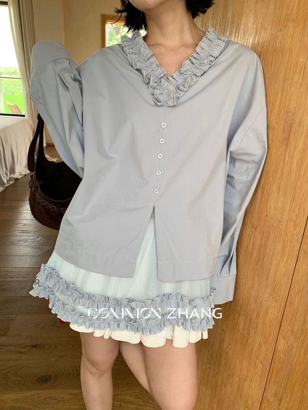 CZ ZHANG秋季法式俏皮少女花边纱网拼接v领层次感小众衬衫B33302|undefined