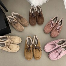 2855~厚底法式复古真皮系带乐福单鞋女2024年新款秋冬季加绒棉鞋