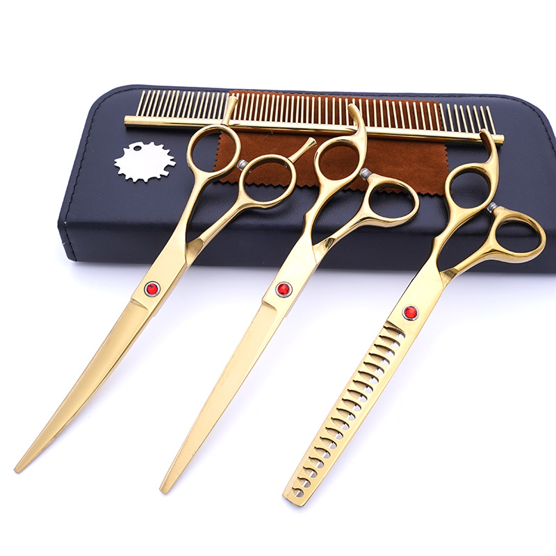 Directo de fábrica de acero inoxidable de 7 pulgadas para mascotas tijeras de belleza profesional de corte de pelo de perro tijeras curvas Teddy adelgazamiento tijeras traje