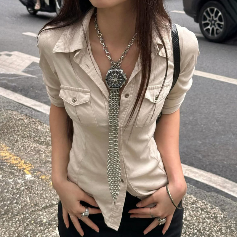 2025夏季欧美女装ins街头工装风翻领口袋修身显瘦中袖衬衫女批发|undefined