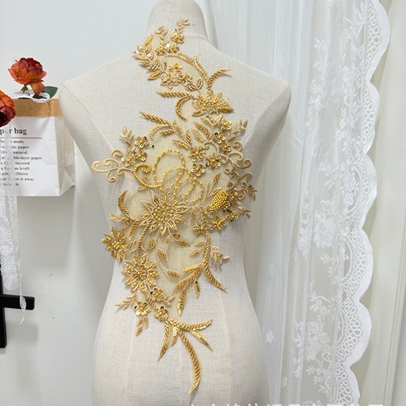 金色手工钉珠花贴3D立体亮片花朵刺绣蕾丝服装花边辅料对花领花