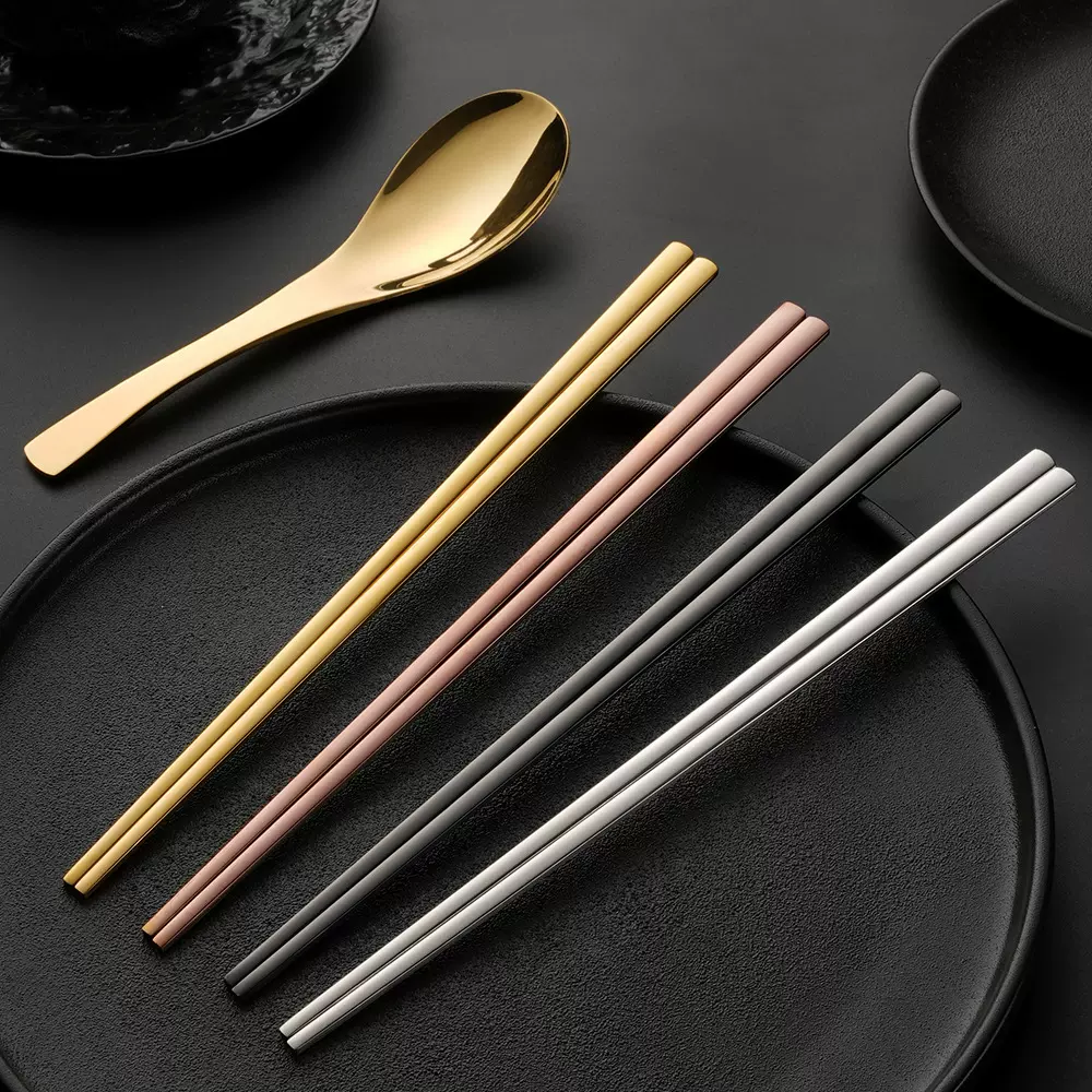 304不锈钢扁筷韩式筷子实心日式料理筷子烤肉店餐具韩国金色勺筷