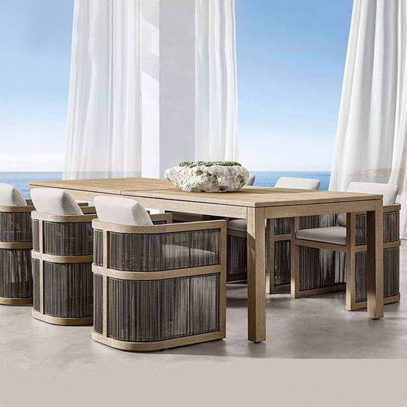 Mesa y silla de teca de caña al aire libre patio balcón al aire libre ocio de alta gama anticorrosión cuerda de madera trenzada silla combinación de muebles