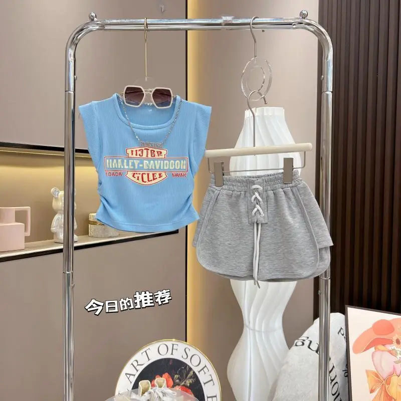 女童套装2024夏季新款韩版洋气短袖背心时尚百搭休闲短裤两件套