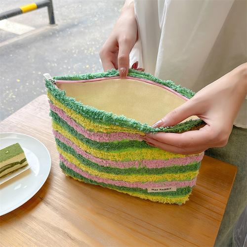 MAY RABBIT Color Block Striped Large Capacity Makeup Bag Canvas Bag Portable Storage Bag High-Quality Handbag