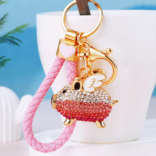 Rhinestone gradient piggy car keychain female cute bag pendant metal key chain ring creative business gift