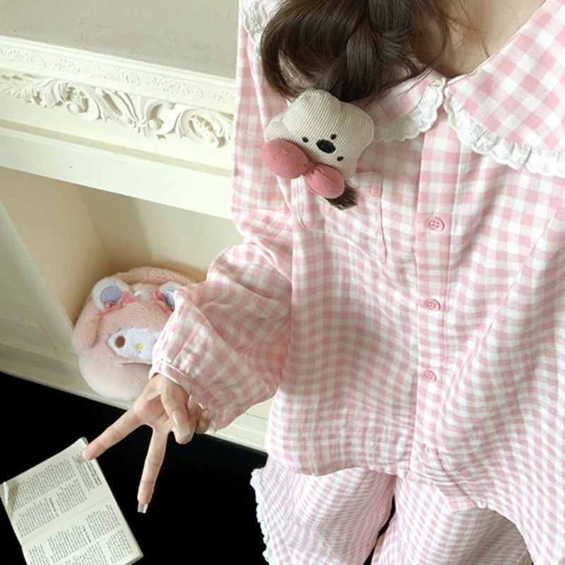 Spring and Autumn Cloud Cotton New Pajamas Women's Sweet Pink Plaid Doll Collar Casual Long Sleeve Home Clothes Set