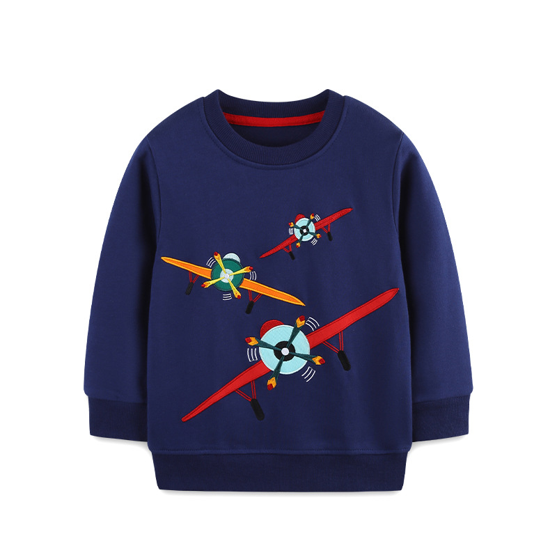 Nuevos productos de otoño Suéter para niños Suéter para niños de cuello redondo de estilo europeo y americano Sudadera de manga larga para niños bordada de avión de dibujos animados