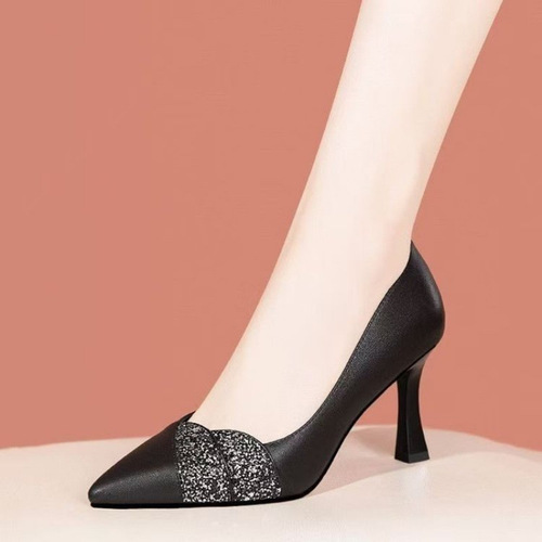 Women's pointed-toe stiletto pumps with white crystal embellishments, versatile soft leather shoes suitable for all seasons, elegant and stylish single shoes for a refined look.