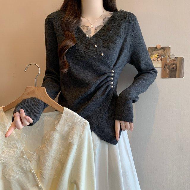 Plus-Size Thermal Lace Trim Irregular Beaded Ruched Base Shirt for Women, New Autumn and Winter Style, Waist-Cinching Slimming Top
