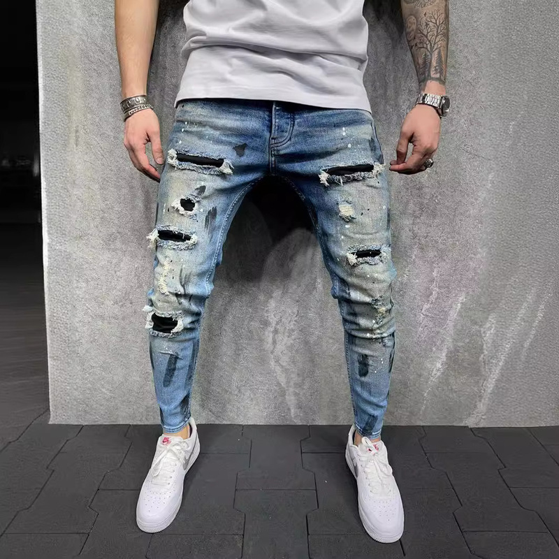 wish European and American new men's slim-fit ripped leggings new men's painted denim men's pants factory outlet