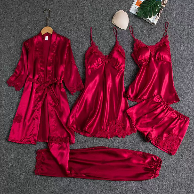 Топ с чашками, осенняя пижама, комплект, сексуальная slipsdress, юбка, длинный рукав, халат