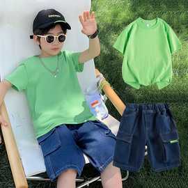 跨境2023年儿童童装夏季新款洋气男韩版时尚短袖T恤五分裤运动潮