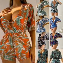 2023新款欧美亚马逊跨境三件套比基尼 沙滩防晒印花罩衫泳装女