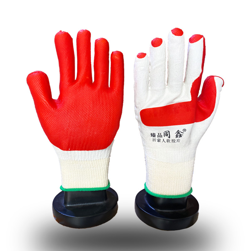 同鑫红胶片手套棉纱浸挂胶劳保手套耐油工地防割钢筋橡胶劳保手套