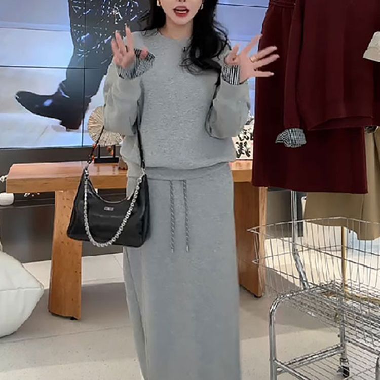 韩系女神范套装2025新款欧货格子衣袖拼接卫衣开叉半裙洋气两件套|undefined