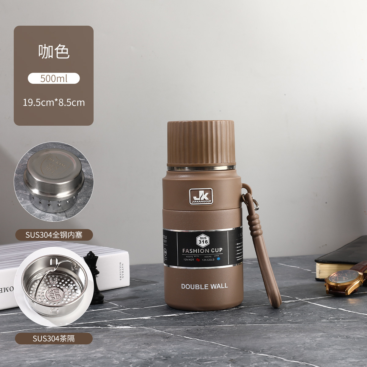 Taza de aislamiento térmico de acero inoxidable comercial con taza de agua al aire libre de gran capacidad para hacer té con tapa para beber hervidor de agua montado en automóviles