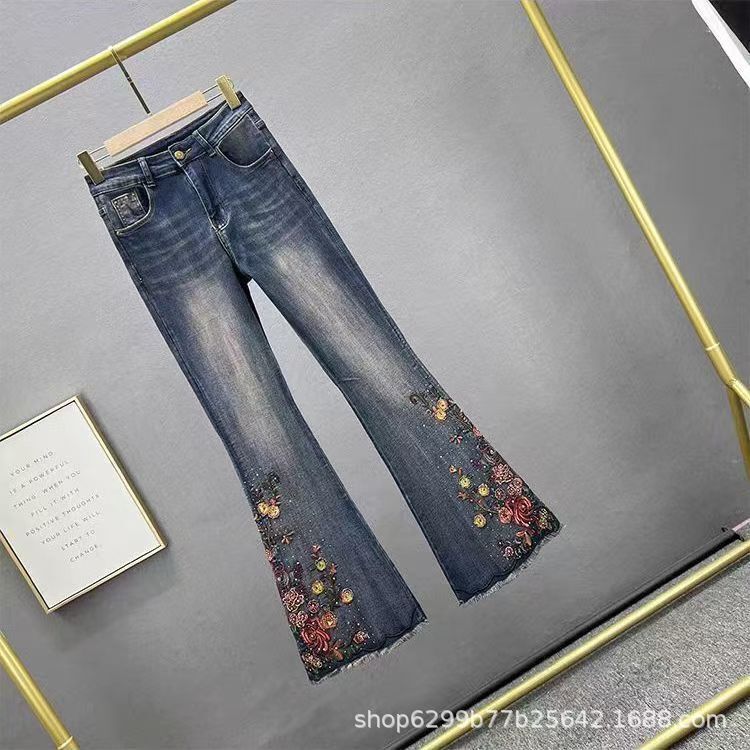 Embroidered Denim Flared Pants Women's 2024 Winter New High Waist Slim Fit Slimming Ethnic Heavy Industry fleece-lined Pants
