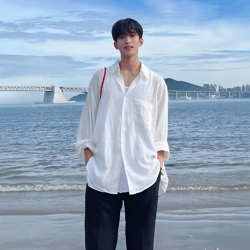 White Breathable Cotton Linen Shirt for Men, High-End Summer Thin Sun Protection Jacket, Lazy and Relaxed Long-Sleeved Shirt