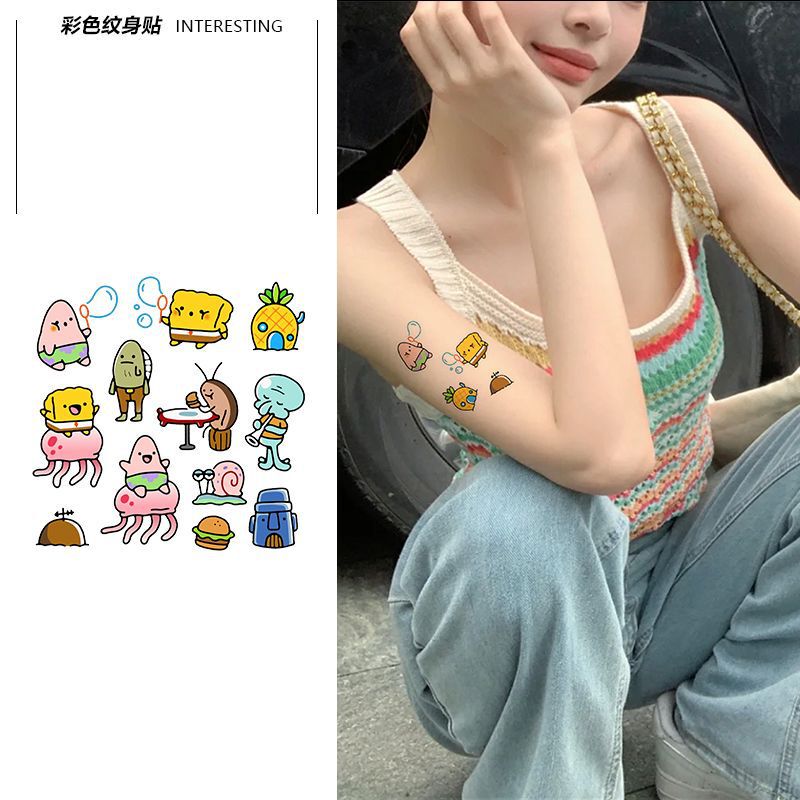 Spongebob Squarepants Tattoo Sticker Waterproof Women's Lasting New Style Sticker Cute Simulation Arm Collarbone Cartoon Painted Spongebob Squarepants Tattoo Sticker Waterproof Women's Lasting New Style Sticker Cute Simulation Arm Collarbone Cartoon Painted