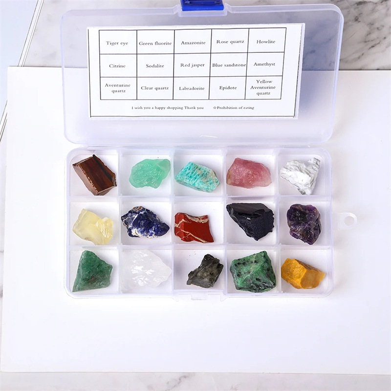 Natural crystal raw stone gravel ore specimen box Crystal square Rolling Stone children's popular science teaching gift decoration