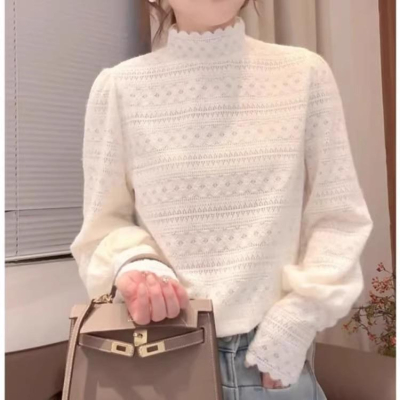 4526设计感磨毛蕾丝边打底衫T恤女秋冬高级感法式钩花半高领长袖|undefined