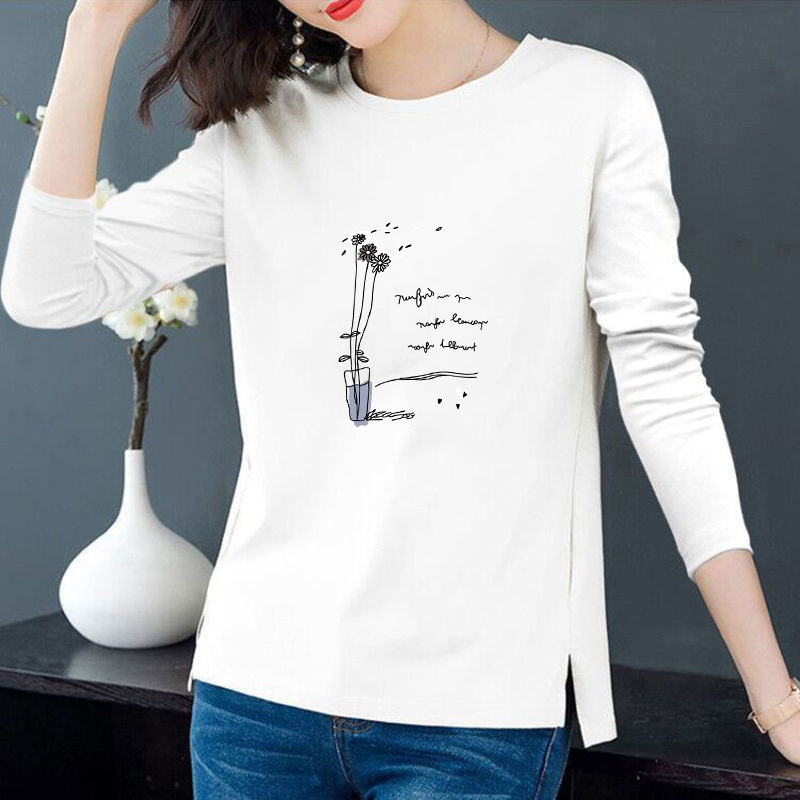 [100 Cotton] Spring and Autumn Long Sleeve Cotton T-Shirt Women's Split Crewneck Loose Base Joker Top Pullover Base Shirt