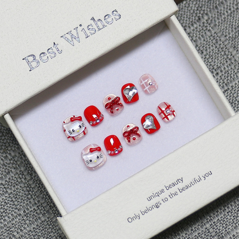 [Children's Wear Nails] New Handmade Manicure Patches for Girls and Students Short Fake Nails Hello Kitty Red Kt