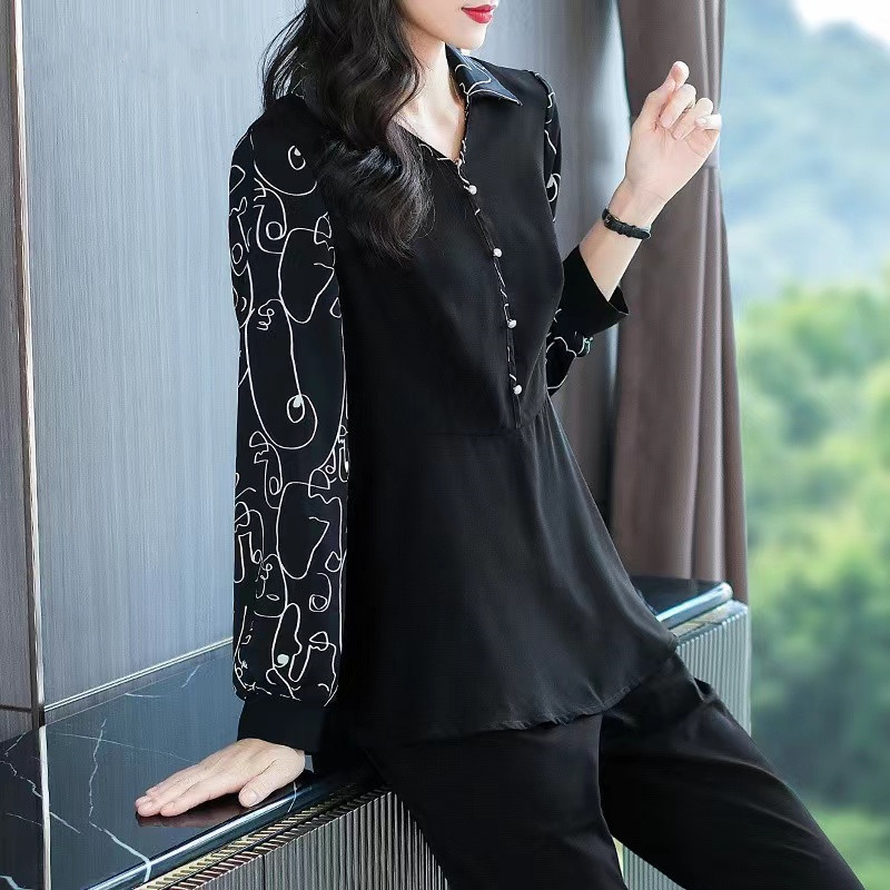 봄과 가을 새 꽃 접합 긴 소매 셔츠 200 진 플러스 사이즈 여성 통통녀 기질 V-NECK 배꼽 덮음 쉬폰 셔츠
