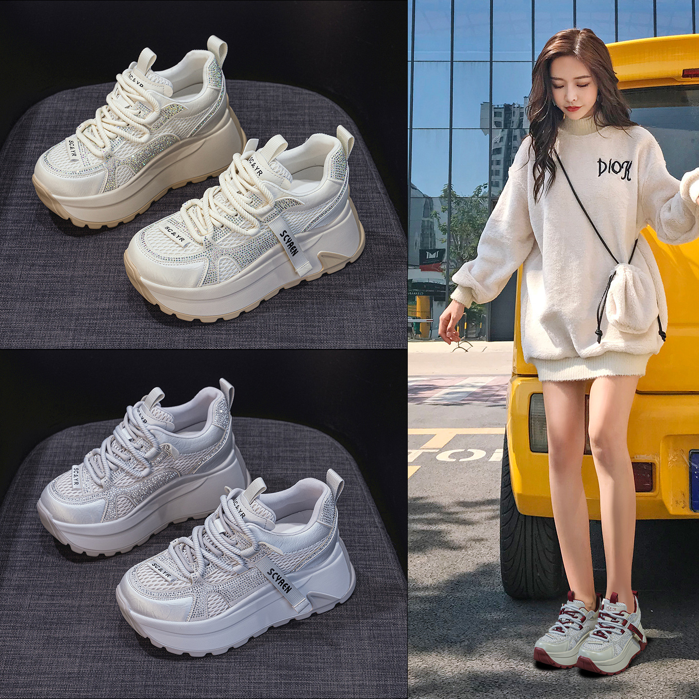 Giày sneaker nữ đế dày phong cách cổ điển phối lưới và da — Vàng lưới 5027-1, Đỏ da 5027, Xám lưới 5027-1, Đỏ lưới 5027-1