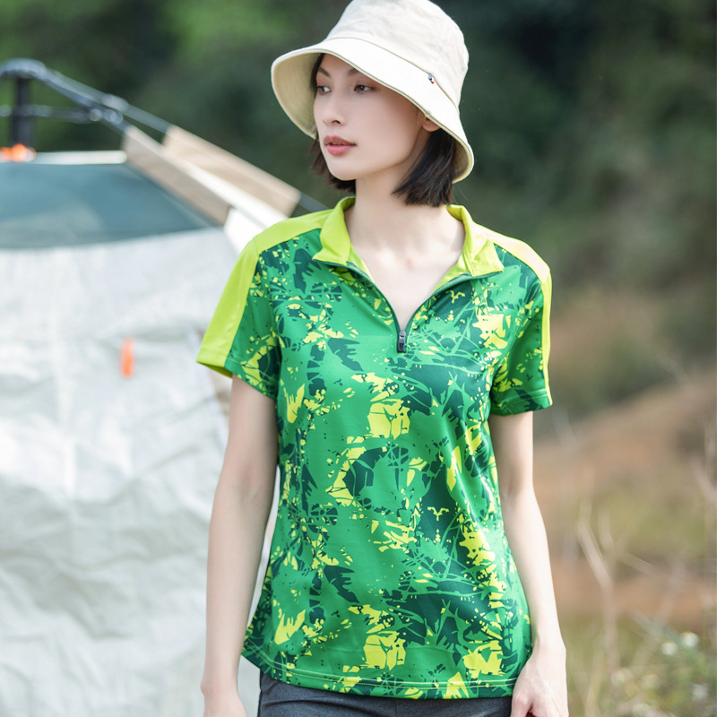 Verano al aire libre ropa de secado rápido mujer correr deportes secado rápido camiseta camuflada absorción de sudor transpirable cuello vertical manga corta caminata image 1