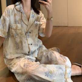 夏季新款冰丝睡衣女短袖长裤套装家居服高级感印花开衫轻奢风
