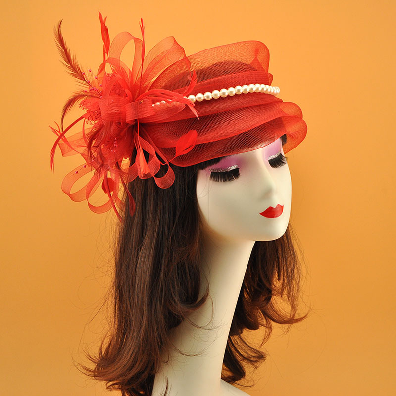 Amazon popular tocado de malla de Europa y América arco Festival de Carreras de Caballos sombrero de copa de novia tocado Flor de plumas tocado accesorios para el cabello